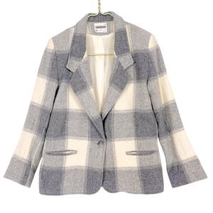 VINTAGE 80s 90s Country Suburbans Cream Grey Gingham Plaid Academia Wool Blazer